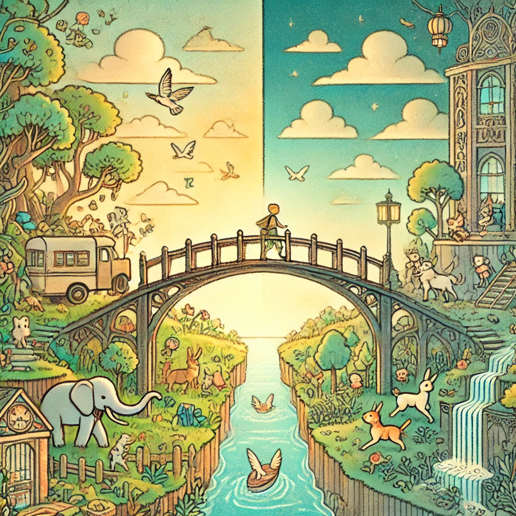 Illustration im Stil von Nils Holgersson: Zwei kontrastierende Welten, verbunden durch eine märchenhafte Brücke. Links eine lebendige, naturreiche Welt mit spielenden Tieren und warmen Farben, rechts eine geordnete, strukturierte Welt mit kühlen Tönen und klaren Formen. Ein Charakter überquert die Brücke, symbolisierend für Verbindung und Transformation. Nostalgischer, detailreicher Stil inspiriert von klassischen Kinderbuch-Illustrationen.