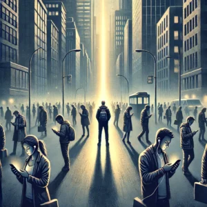 Eine nachdenklich stimmende digitale Illustration, die das Thema Zugehörigkeit in modernen Zeiten darstellt. Eine einzelne Person steht still auf einer belebten Stadtstraße, umgeben von Menschen, die in ihre Smartphones vertieft, mit Kopfhörern unterwegs oder in Eile sind. Die Figur blickt zum Himmel, was eine tiefe Sehnsucht nach echter Verbindung ausdrückt. Kaltes, industrielles Stadtlicht dominiert die Szene, während ein warmer Lichtstrahl die Person sanft beleuchtet und Hoffnung symbolisiert. Die Atmosphäre ist melancholisch, aber zugleich hoffnungsvoll.