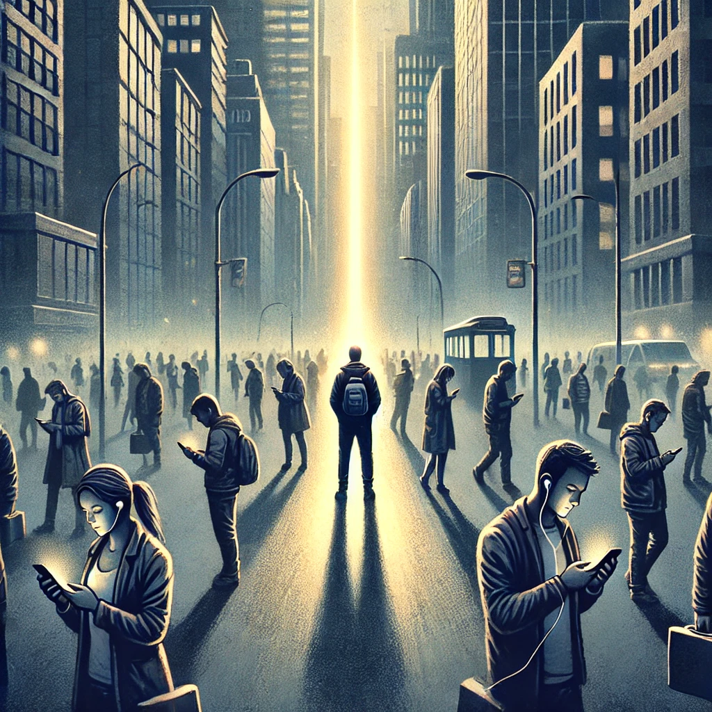 Eine nachdenklich stimmende digitale Illustration, die das Thema Zugehörigkeit in modernen Zeiten darstellt. Eine einzelne Person steht still auf einer belebten Stadtstraße, umgeben von Menschen, die in ihre Smartphones vertieft, mit Kopfhörern unterwegs oder in Eile sind. Die Figur blickt zum Himmel, was eine tiefe Sehnsucht nach echter Verbindung ausdrückt. Kaltes, industrielles Stadtlicht dominiert die Szene, während ein warmer Lichtstrahl die Person sanft beleuchtet und Hoffnung symbolisiert. Die Atmosphäre ist melancholisch, aber zugleich hoffnungsvoll.