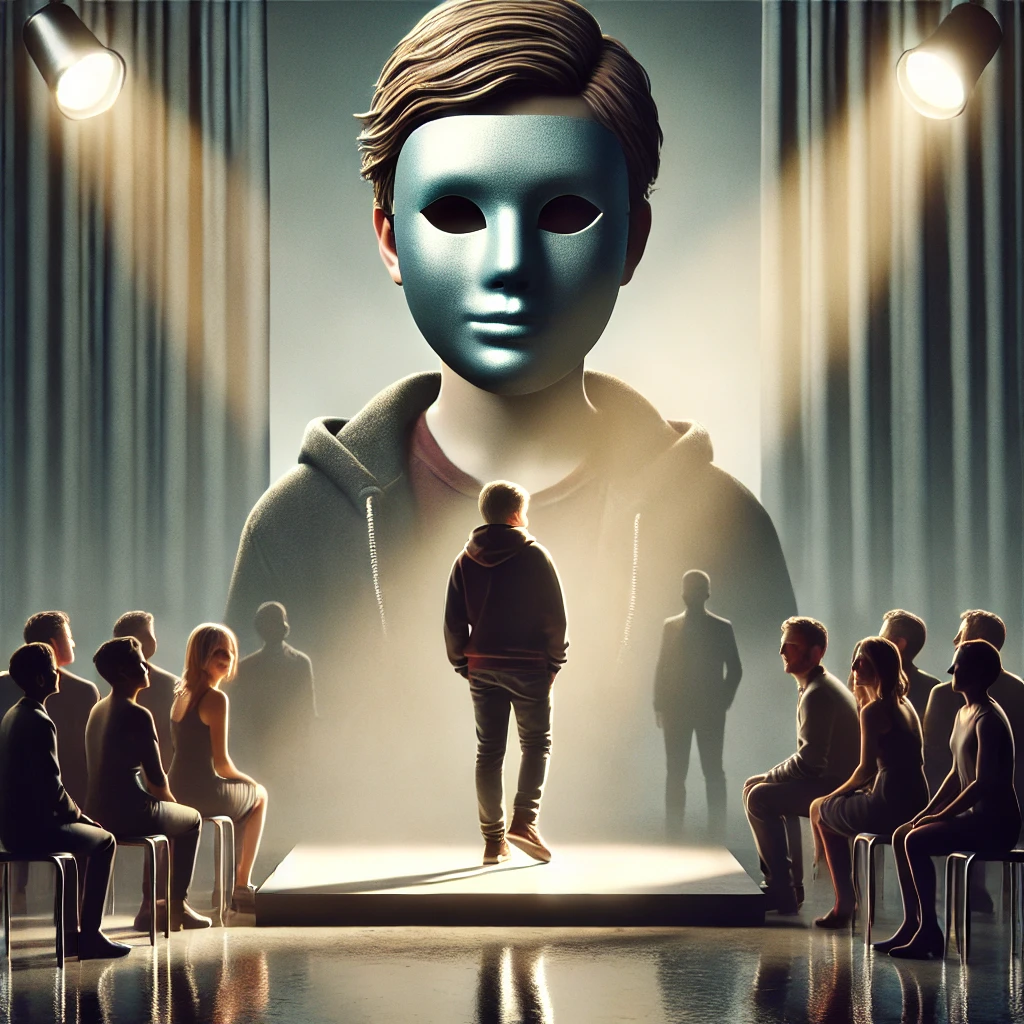 Ein Teenager steht allein auf einer düsteren Bühne, beleuchtet von schwachen Scheinwerfern. Er trägt eine übergroße Maske, die Selbstbewusstsein und Glanz ausstrahlt, während sein echtes Gesicht, das teilweise sichtbar ist, Unsicherheit und Verletzlichkeit zeigt. Im Hintergrund sind verschwommene, schattenhafte Figuren eines Publikums zu erkennen. Die Atmosphäre ist melancholisch und surreal, geprägt von kühlen Grautönen und sanften Blauschattierungen, die die innere Zerrissenheit und die Inszenierung eines fragilen Selbstbildes widerspiegeln.